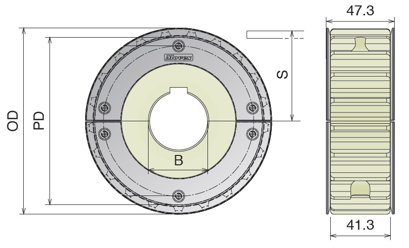 Звездочка пластинчатой нержавеющей цепи для конвейеров серии 812/815 точеная приводная с направляющими кольцами чертеж