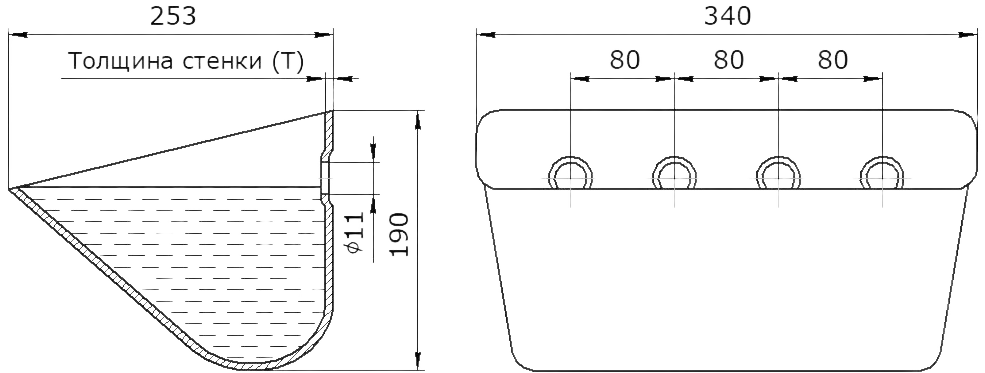 Ковш норийный металлический цельнотянутый JET 33-250 чертеж