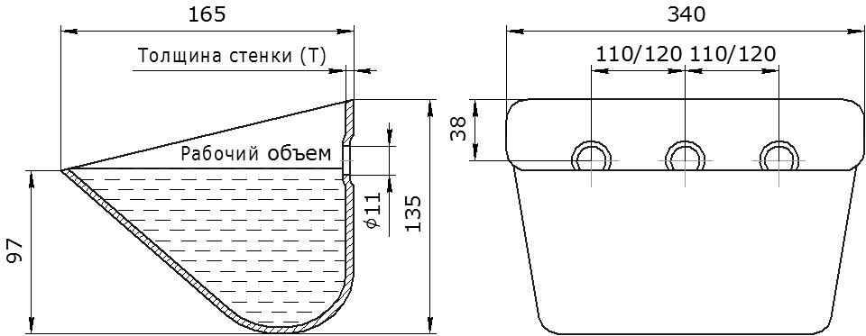 Ковш норийный металлический цельнотянутый SPS 330-165 чертеж
