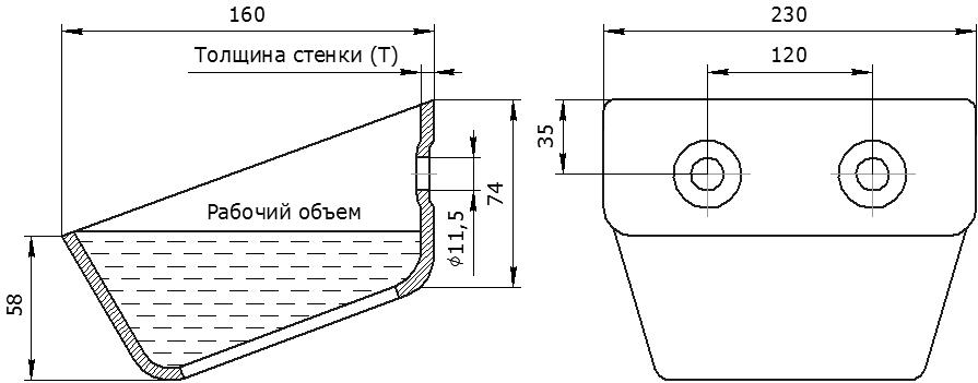 Ковш норийный металлический цельнотянутый с плоским дном УГ-230 чертеж